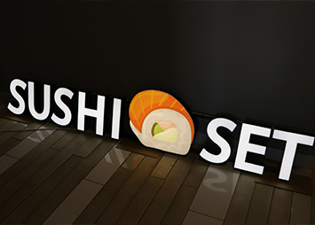 Вывеска из световых объемных букв на каркасе для суши